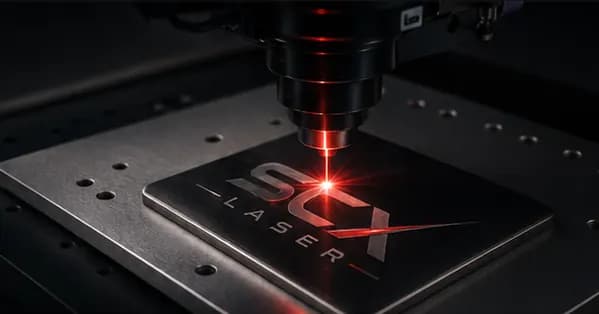Máquina laser gravando uma placa metálica com iluminação vermelha